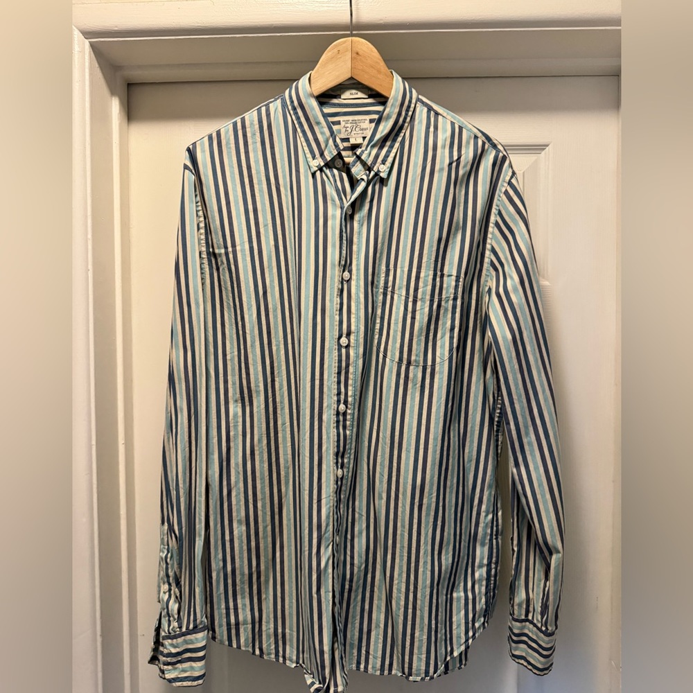 J. Crew Mens Organic Cotton Slim Button Up Shirt Large Slim Striped Poplin Blue